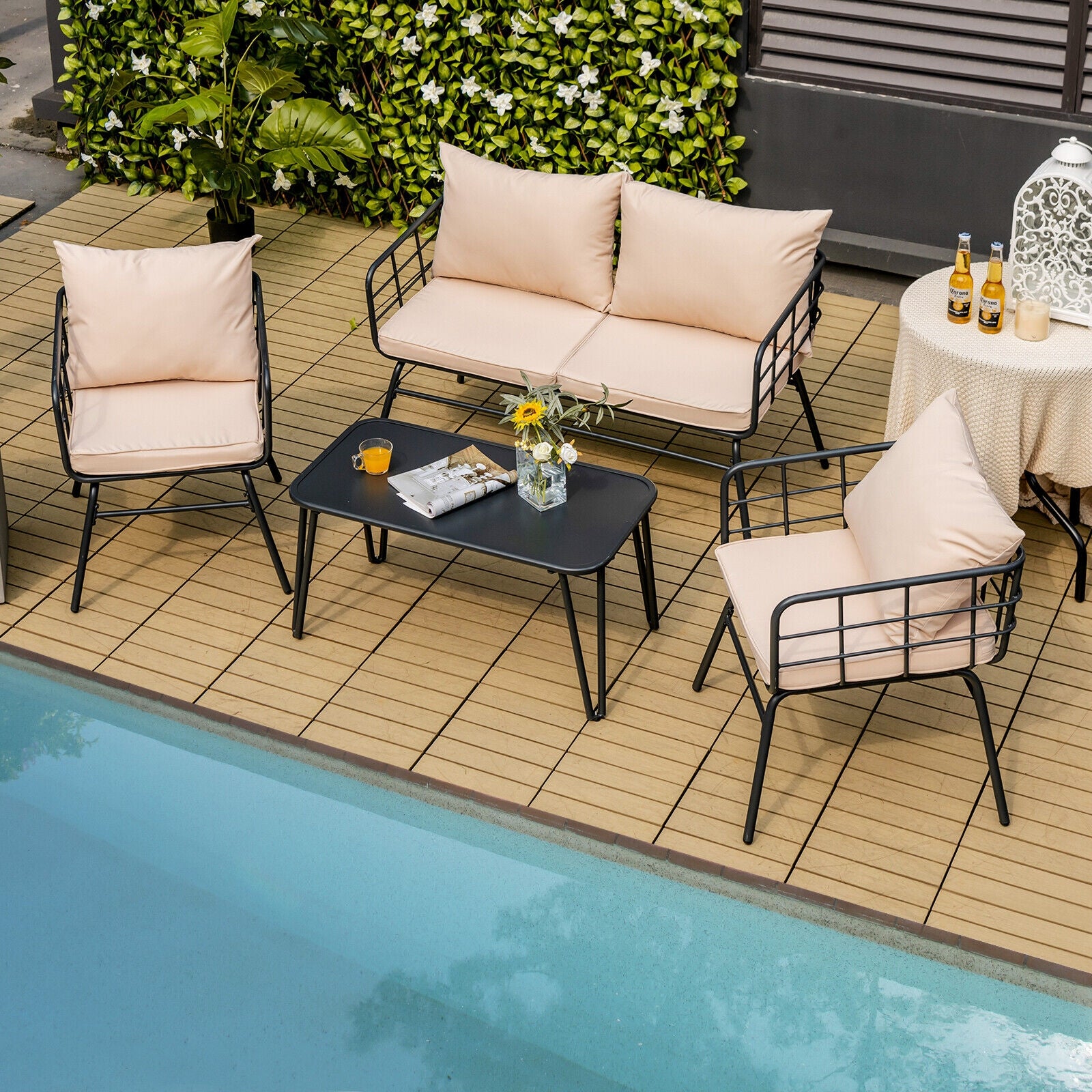 4 Pieces Patio Furniture Set with Seat Back Cushions for Garden-Beige
