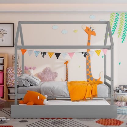 Kids Platform Bed Frame with Roof for Bedroom