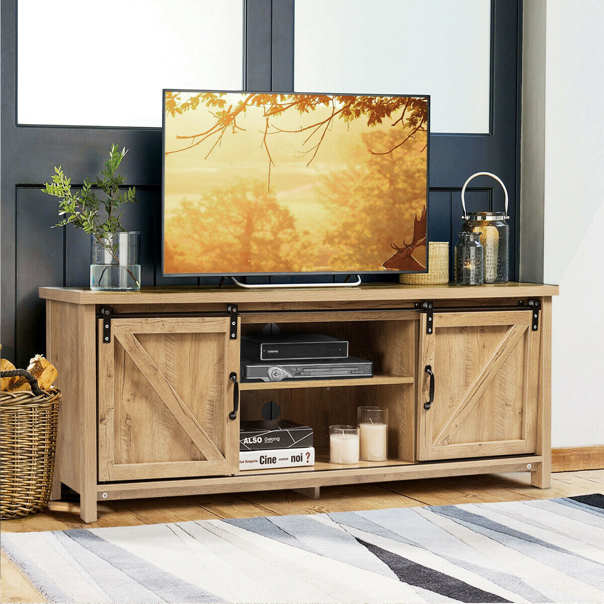 TV Stand Media Center Console Cabinet with Sliding Barn Door - Natural