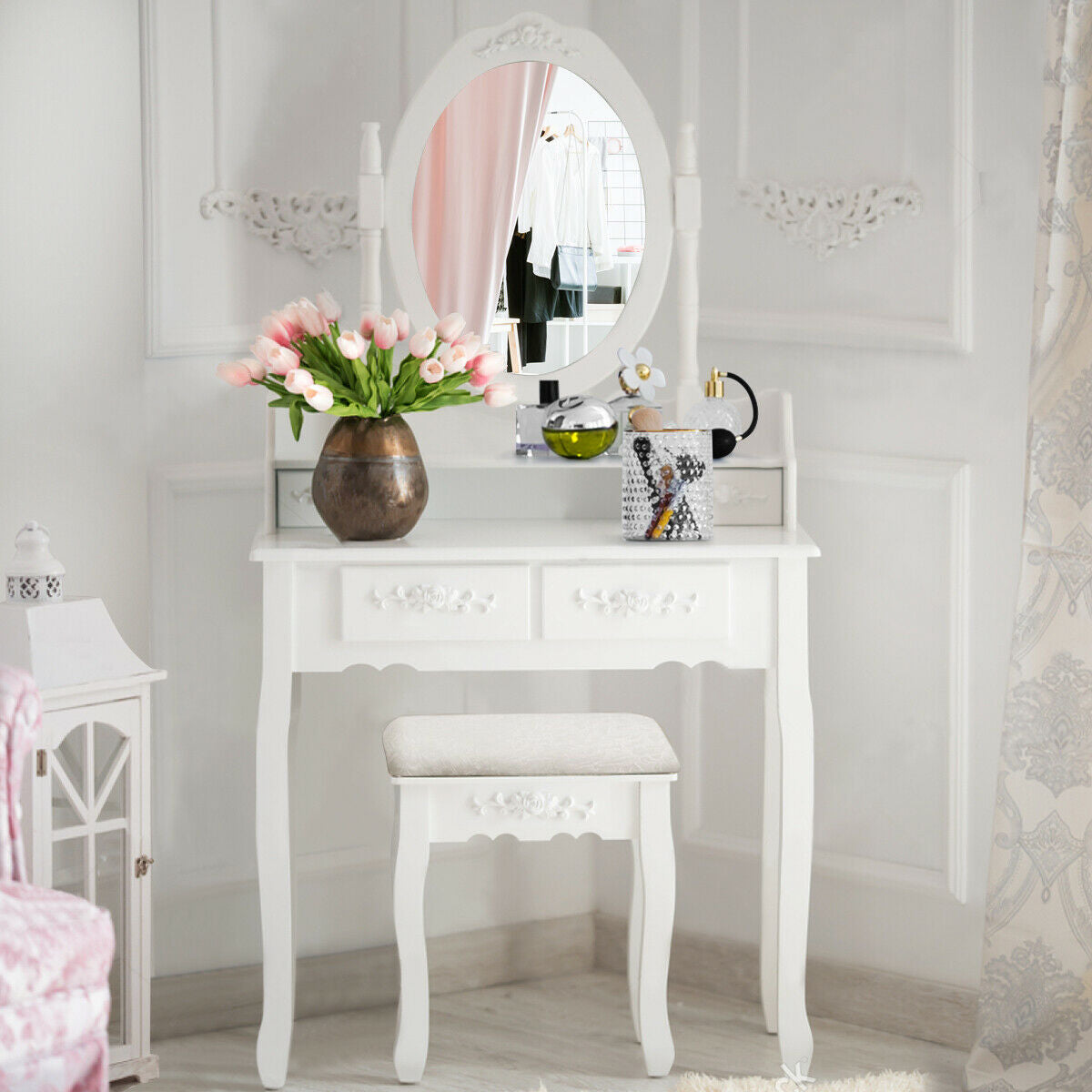 Wood Vanity Table Set with Oval Mirror and 4 Drawers for Kids Girls Women-White
