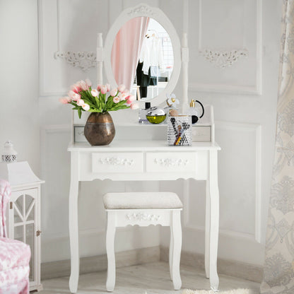 Wood Vanity Table Set with Oval Mirror and 4 Drawers for Kids Girls Women-White