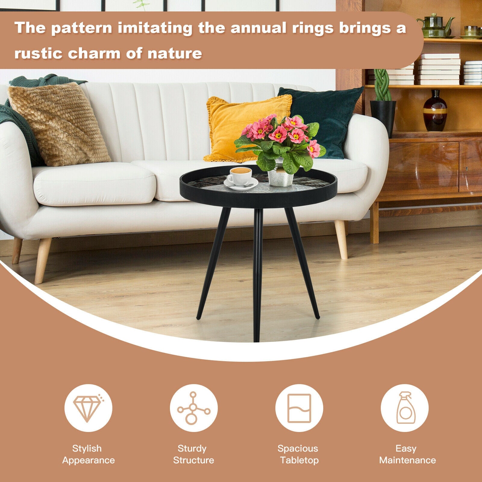 Modern Round End Table with Wooden Tray Top for Living Room Bedroom-Black