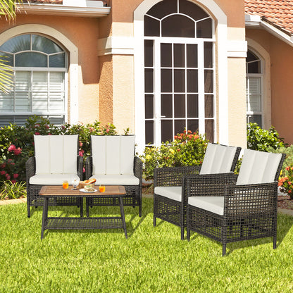 5 Pieces Patio Rattan Furniture Set Cushioned Sofa Armrest Wooden Tabletop-Off White