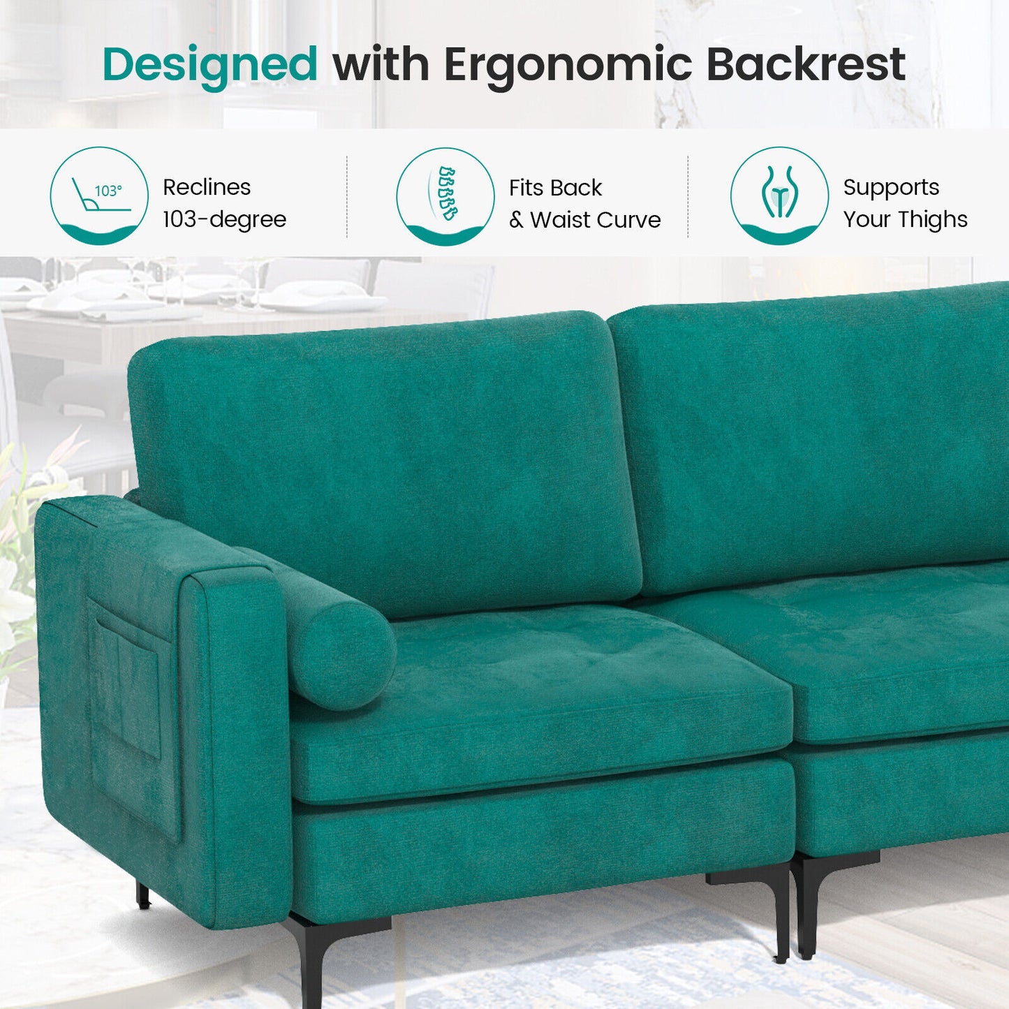 3-Seat Modular Sofa with Storage Pocket and Metal Legs