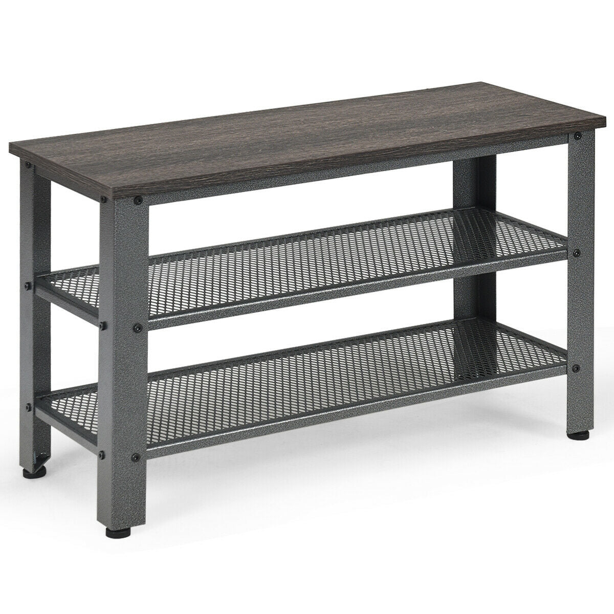 3-Tier Shoe Rack Industrial Shoe Bench with Storage Shelves-Brown - Black