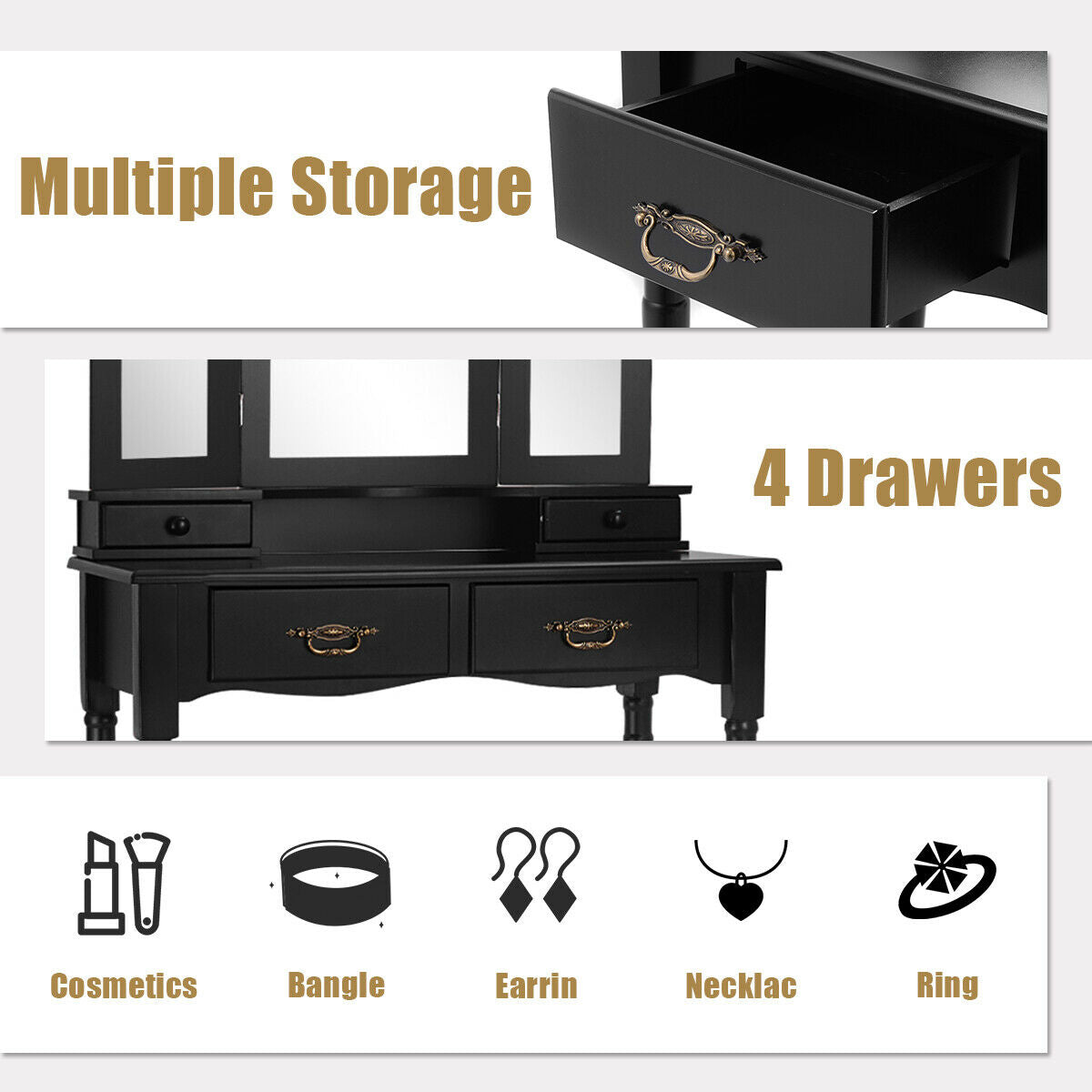 Simple Vanity Set with Tri-Folding Mirror Drawers and Storage Shelf