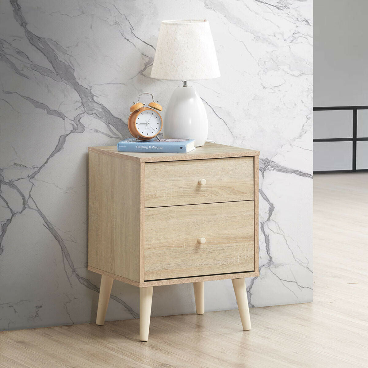2-Drawer Nightstand Beside End Side Table with Rubber Legs-Natural