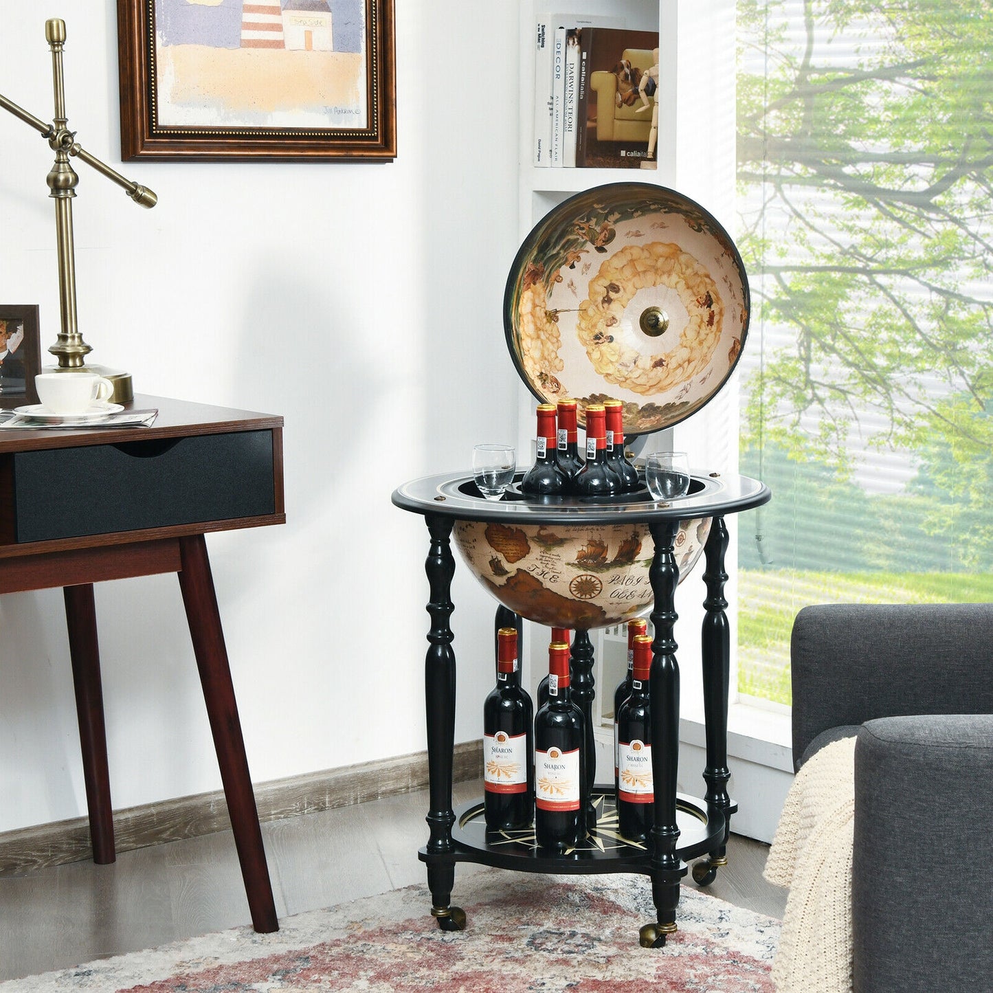 16th Century Nautical Chart Wine Cabinet with Wheels