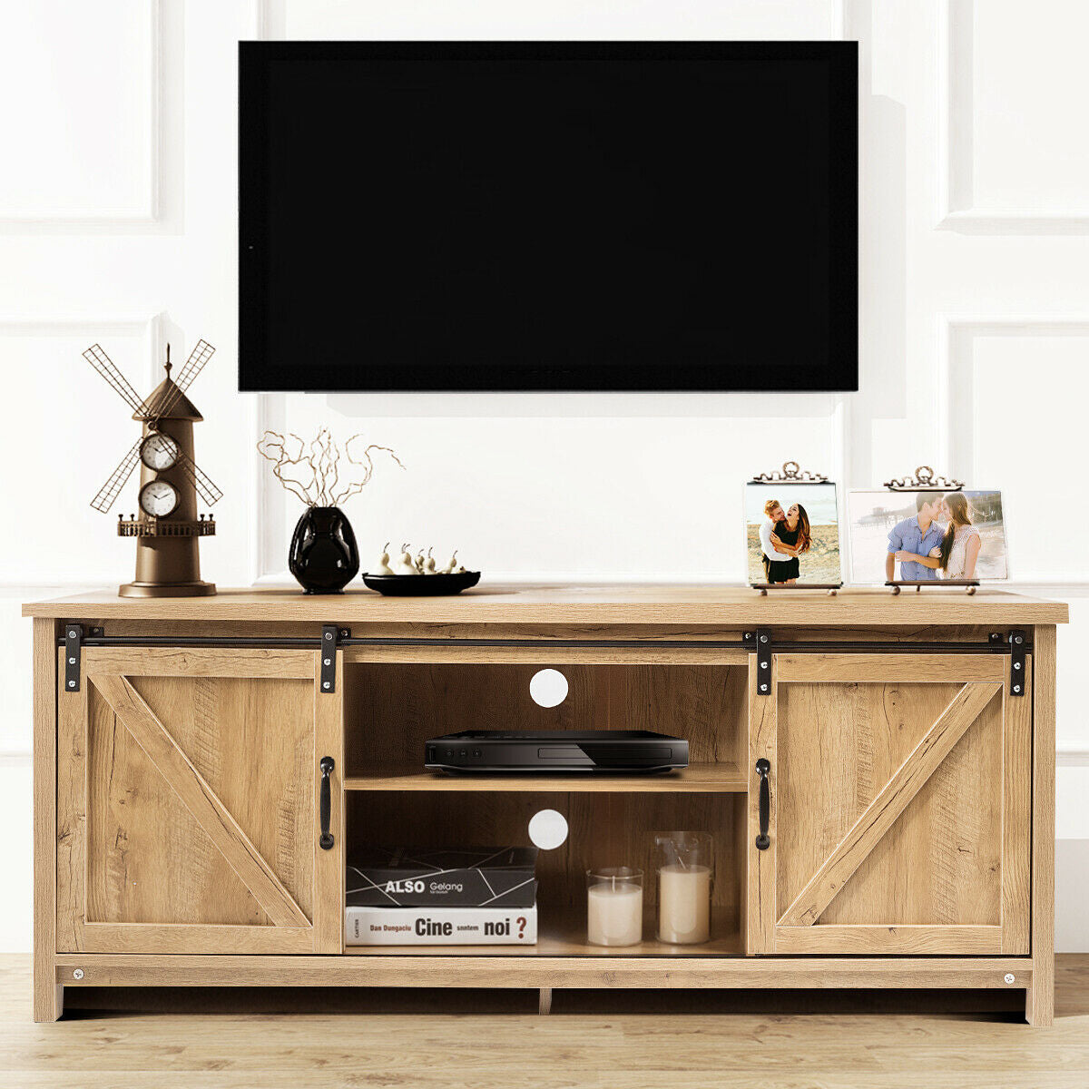 TV Stand Media Center Console Cabinet with Sliding Barn Door - Natural