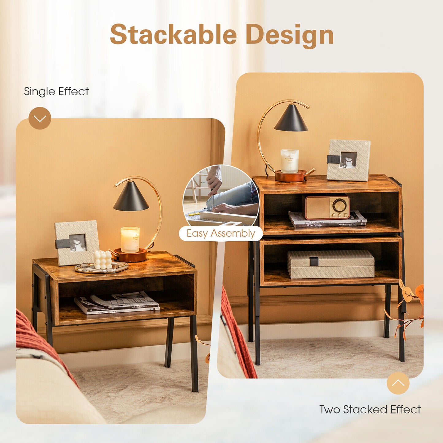 1 Piece Stackable Night Stand Shelf Accent Table with Metal Frame