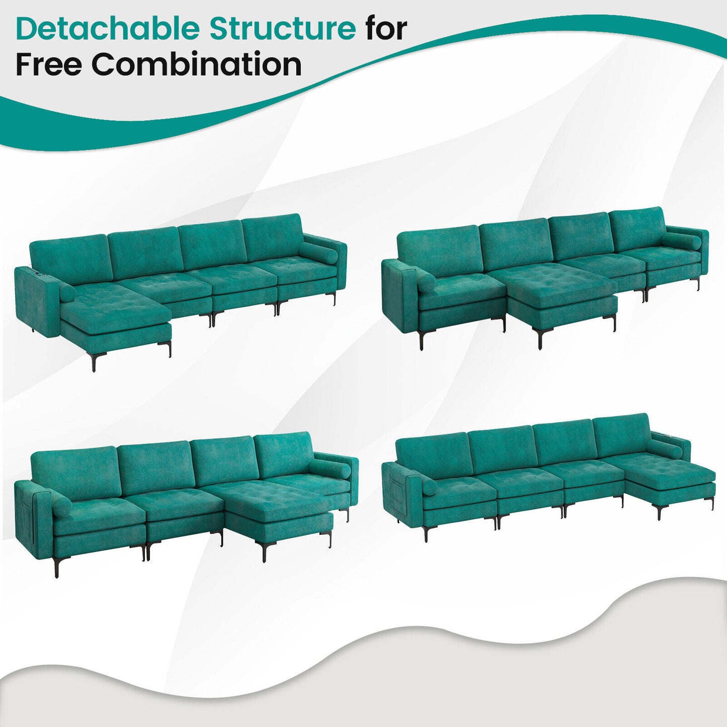 Modular L-shaped 4-Seat Sectional Sofa with Reversible Chaise and 2 USB Socket