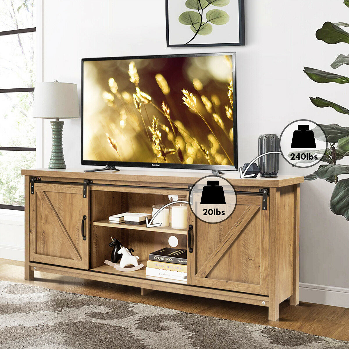 TV Stand Media Center Console Cabinet with Sliding Barn Door - Natural