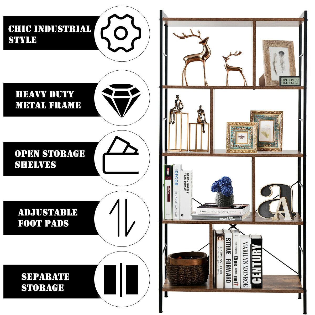 4-Tier Industrial Freestanding Bookshelf with Metal Frame