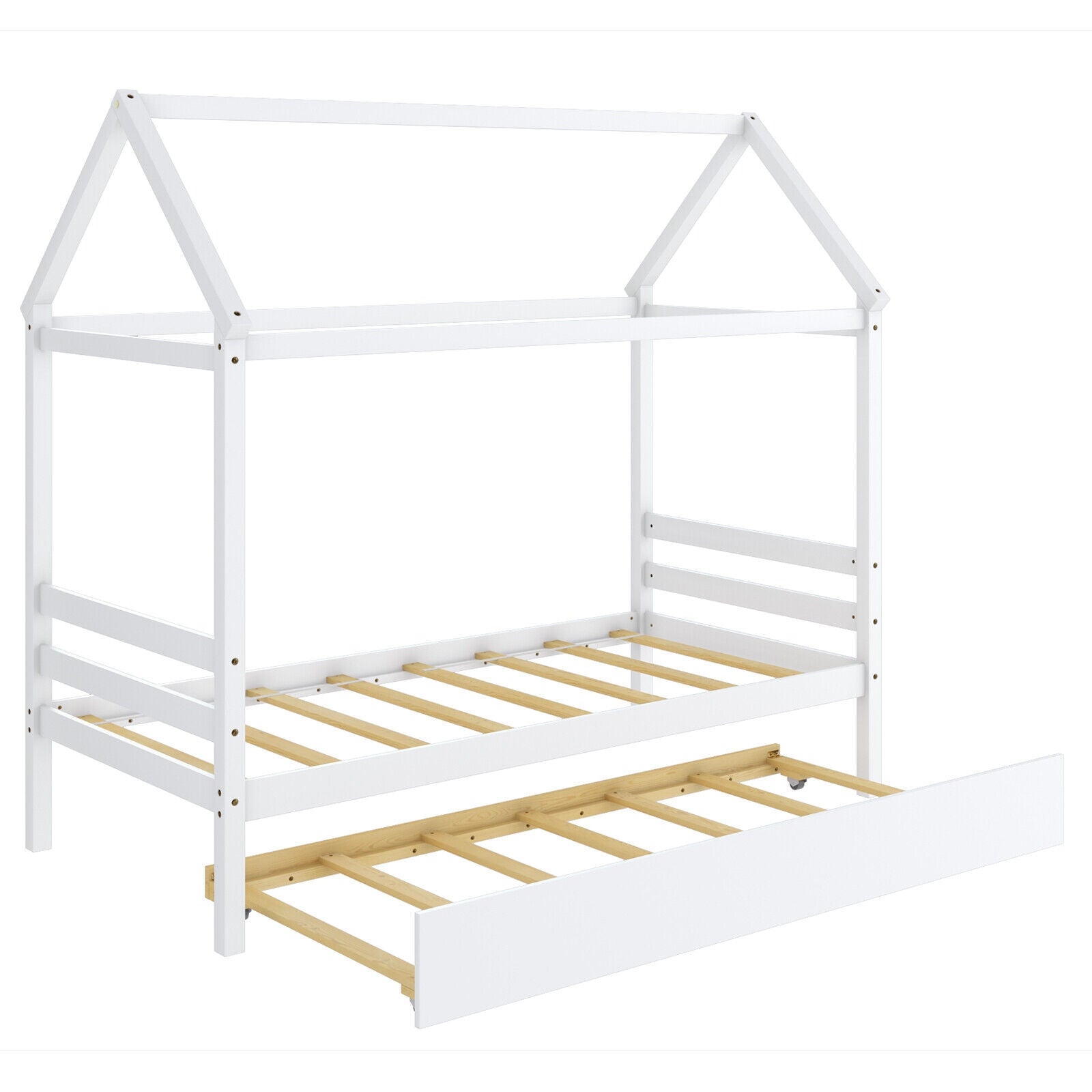 Kids Platform Bed Frame with Roof for Bedroom-White - White