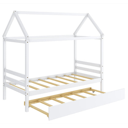 Kids Platform Bed Frame with Roof for Bedroom-White - White