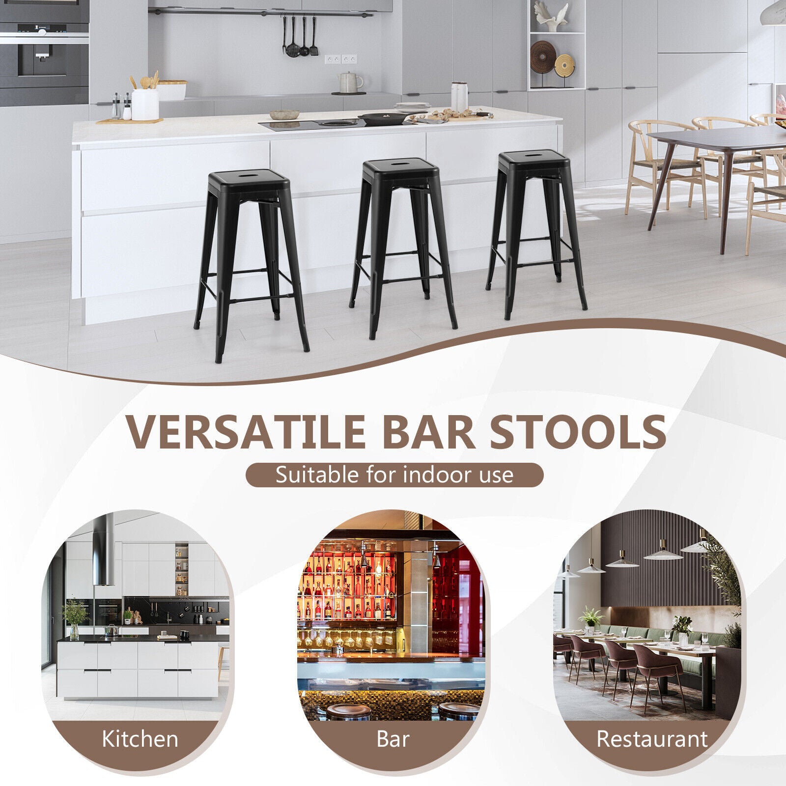 30 Inch Bar Stools Set of 4 with Square Seat and Handling Hole-Black