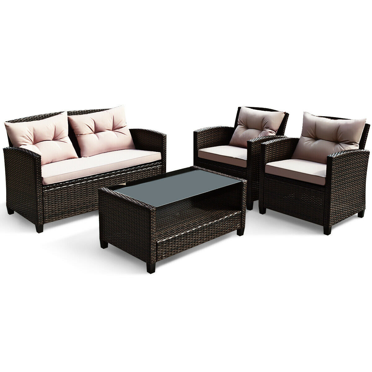 4 Pieces Outdoor Rattan Armrest Furniture Set Table with Lower Shelf-Beige - Beige