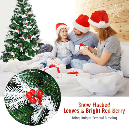 Unlit Snowy Hinged Christmas Tree with Mixed Tips and Red Berries-6'