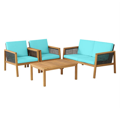 4 Pieces Patio Rattan Furniture Set with Removable Cushions-White - Turquoise