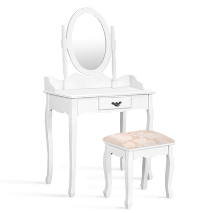 Wooden Vanity Makeup Set with Cushioned Stool and Oval Rotating Mirror