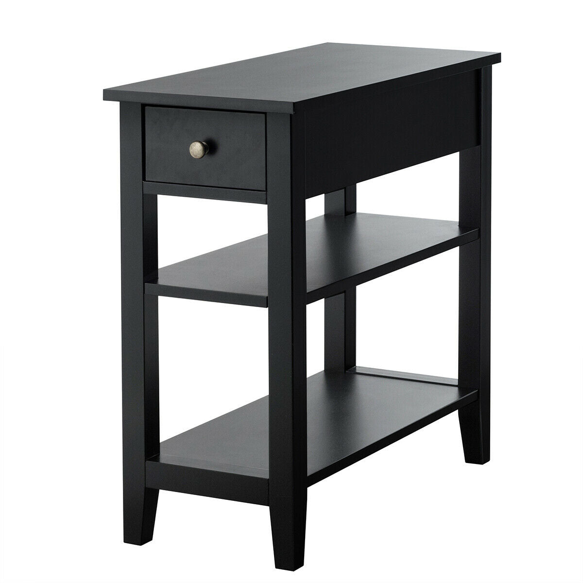 3-Tier Nightstand Bedside Table Sofa Side with Double Shelves Drawer-Black - Black