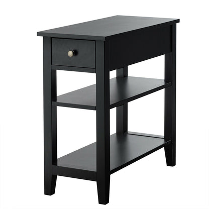 3-Tier Nightstand Bedside Table Sofa Side with Double Shelves Drawer-Black - Black