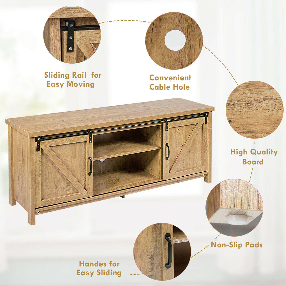 TV Stand Media Center Console Cabinet with Sliding Barn Door - Natural