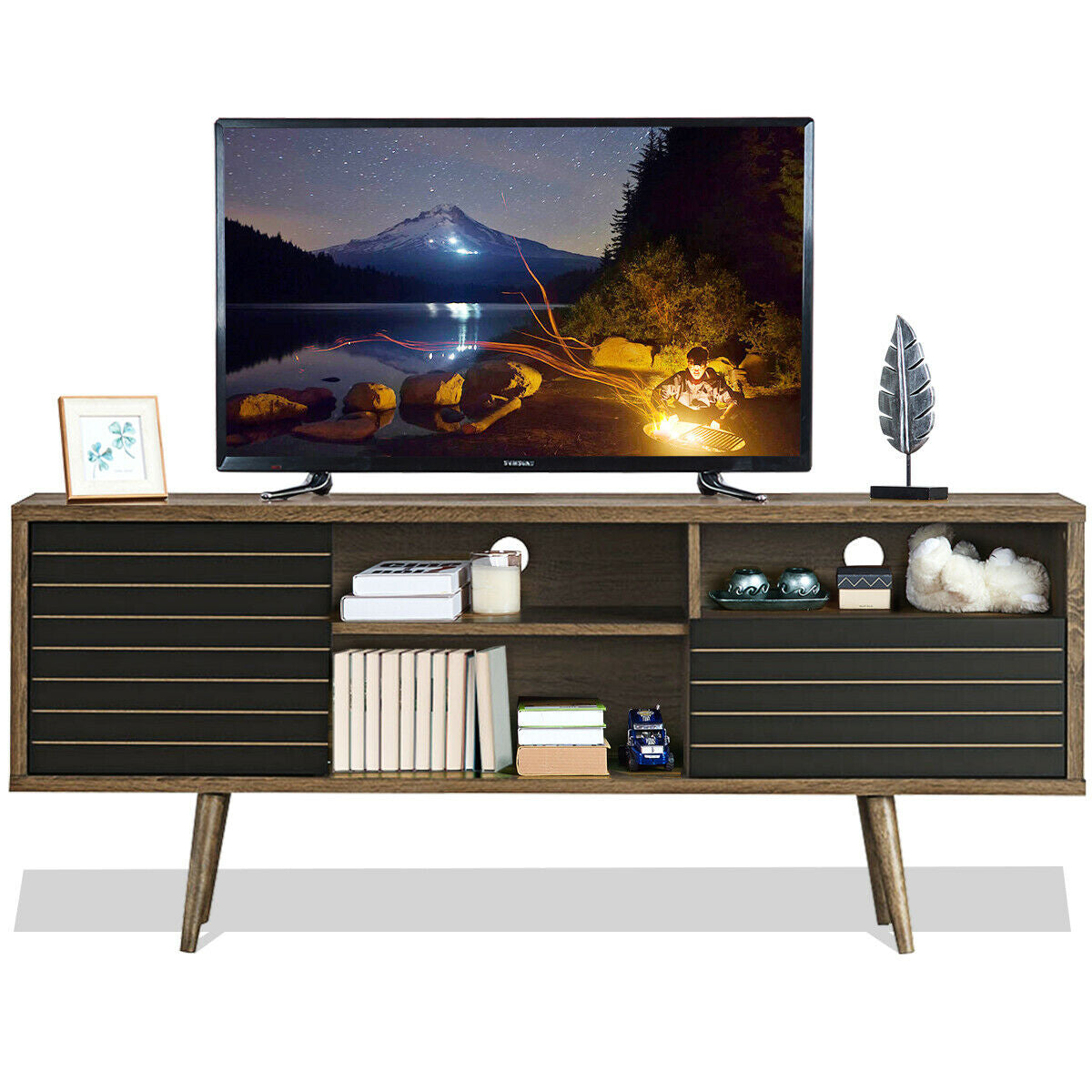 Mid-Century Modern TV Stand for TVs up to 65 Inch with Storage Shelves-Walnut & Black