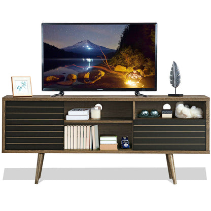 Mid-Century Modern TV Stand for TVs up to 65 Inch with Storage Shelves-Walnut & Black