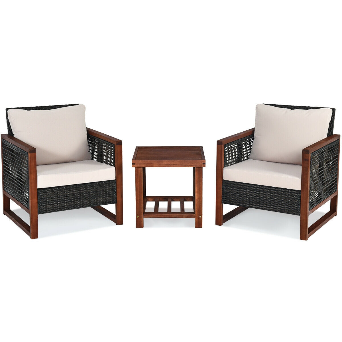 3 Pieces Acacia Wood Patio Furniture Set with Coffee Table-Red - Beige
