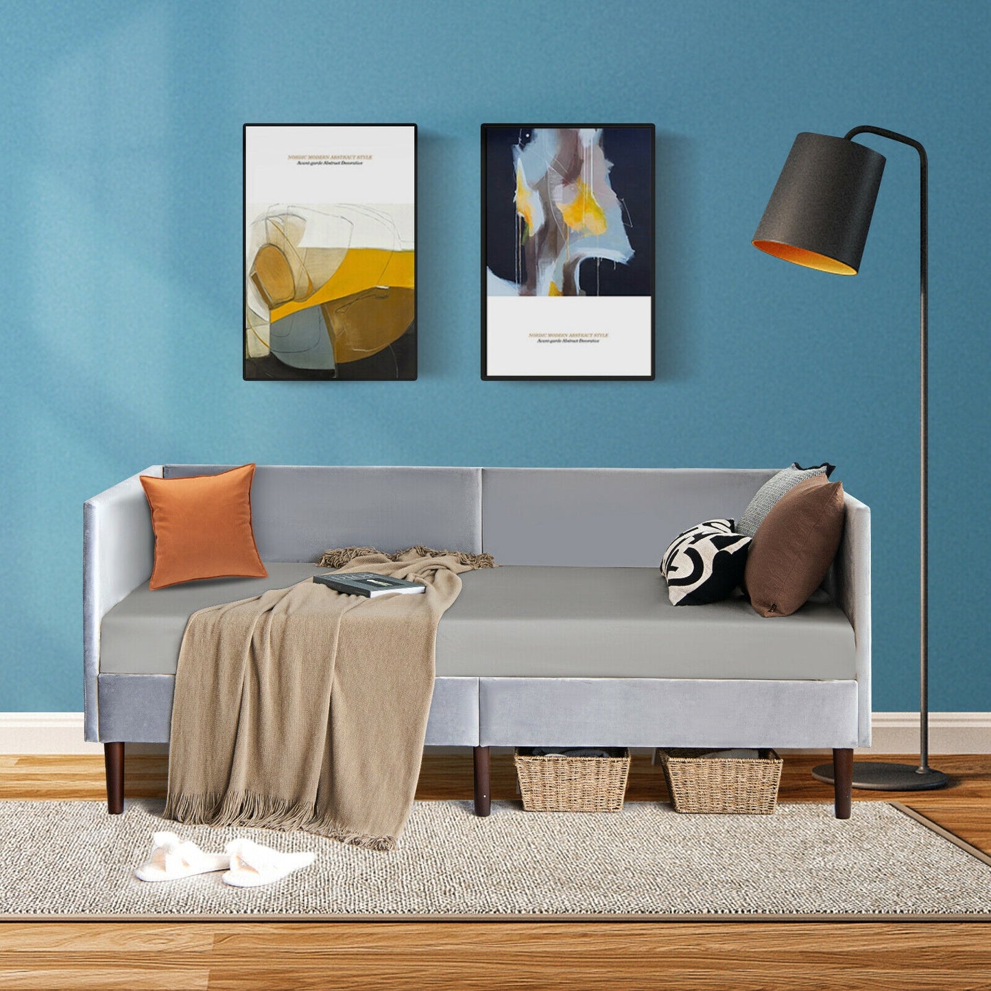 Twin Size Daybed Frame with Sturdy Wooden Slat Support-Gray