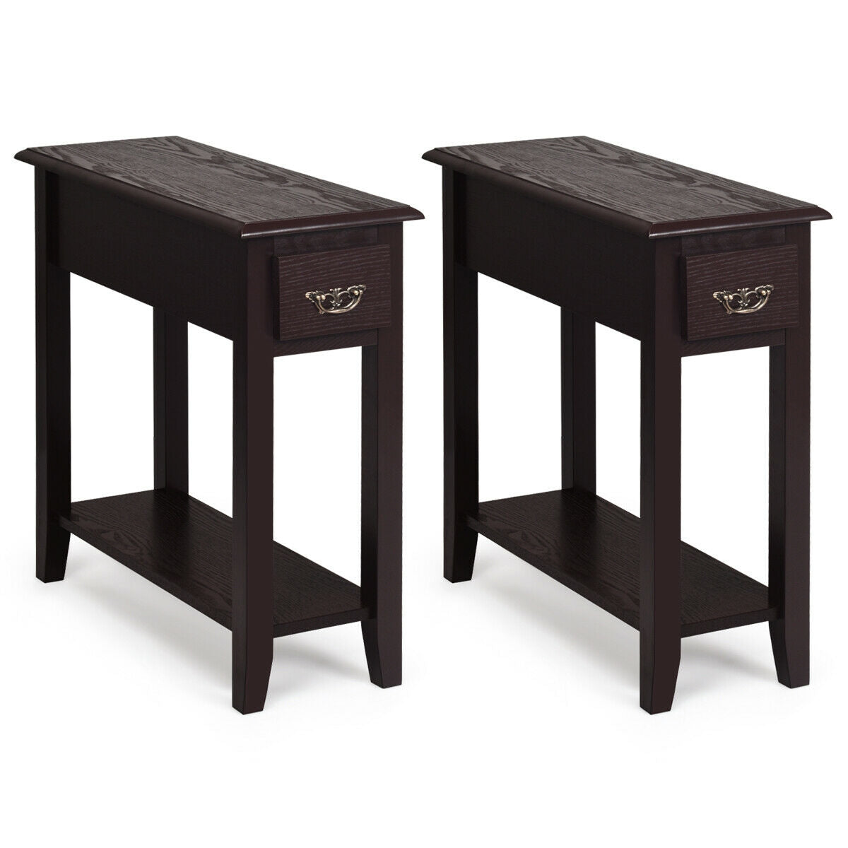2 Pieces 2 Tier Sofa Side End Table with Drawer and Open Shelf-Black - Dark Brown
