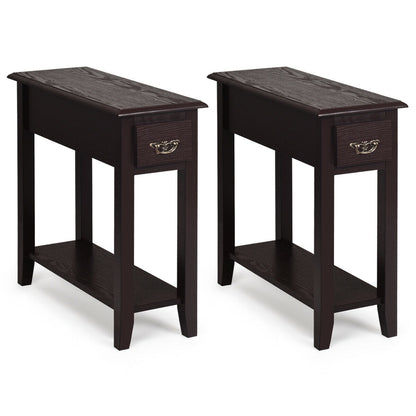 2 Pieces 2 Tier Sofa Side End Table with Drawer and Open Shelf-Black - Dark Brown