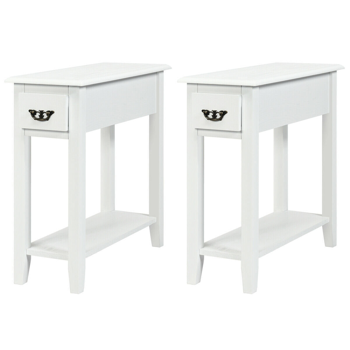 2 Pieces 2 Tier Sofa Side End Table with Drawer and Open Shelf-Black - White