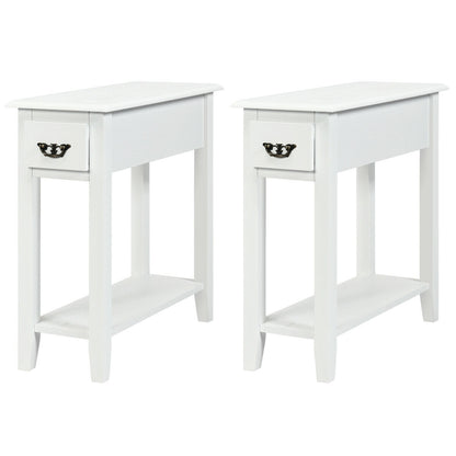 2 Pieces 2 Tier Sofa Side End Table with Drawer and Open Shelf-Black - White