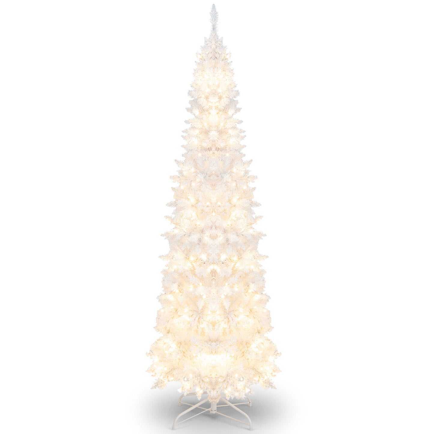 7 Feet Pre-Lit Hinged Pencil Christmas Tree White with 300 LED Lights and 8 Flash Modes