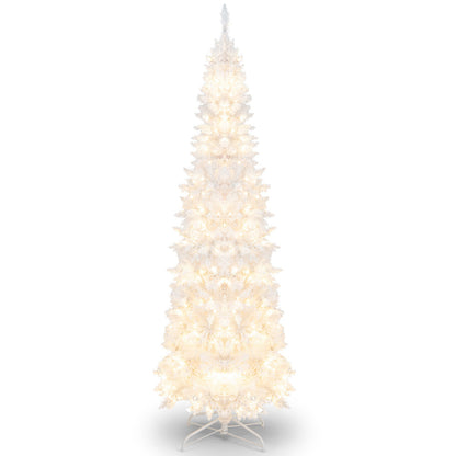 7 Feet Pre-Lit Hinged Pencil Christmas Tree White with 300 LED Lights and 8 Flash Modes