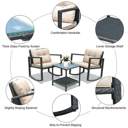 3 Pieces Cushioned Patio Rattan Set with Rocking Chair and Table-Black