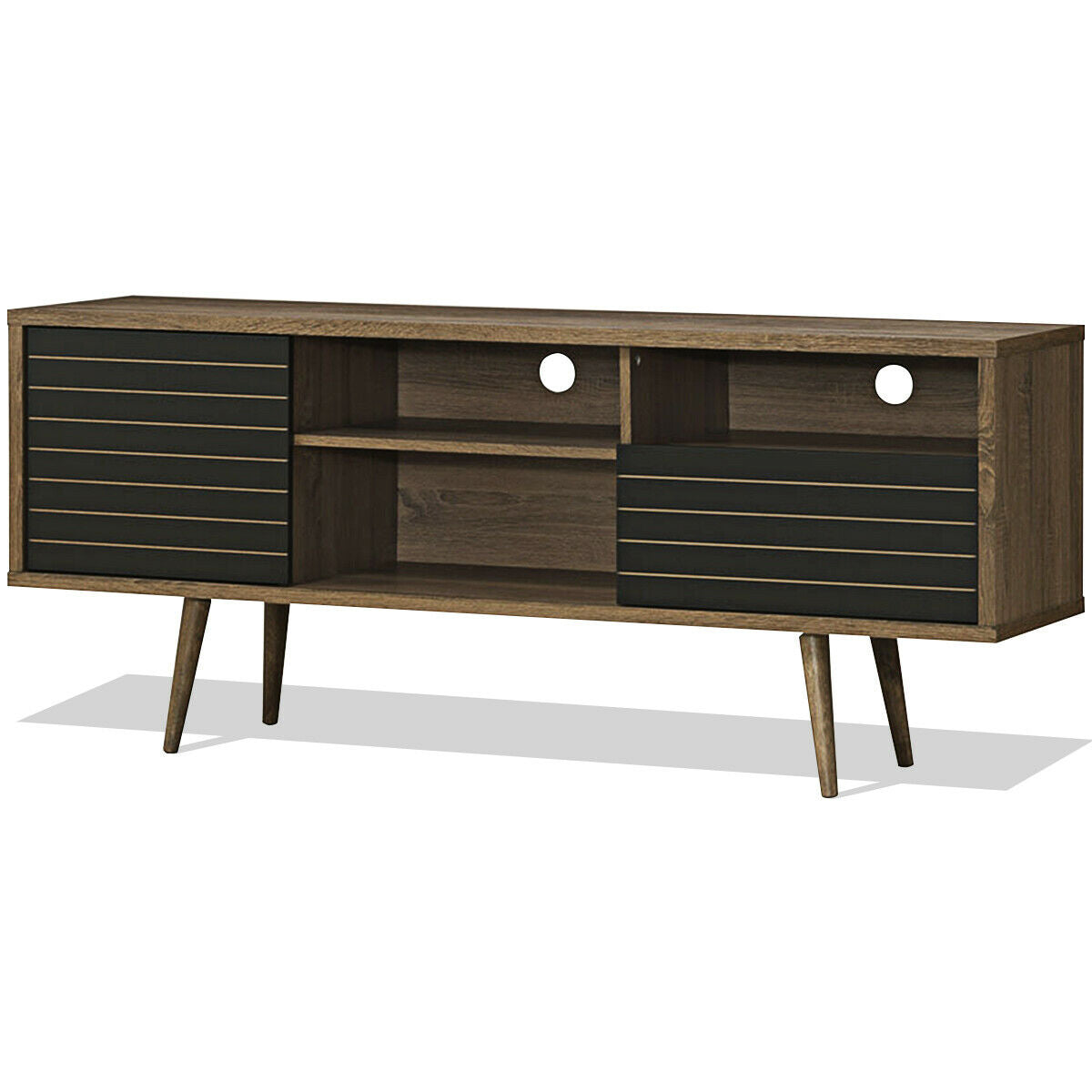 Mid-Century Modern TV Stand for TVs up to 65 Inch with Storage Shelves-Walnut & Black