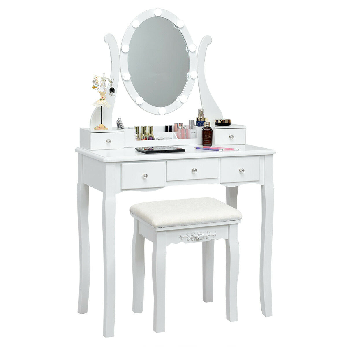 10 Dimmable Lights Vanity Table Set with Lighted Mirror and Cushioned Stool-Coffee - White