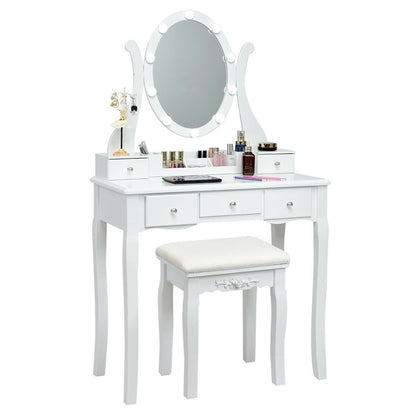 10 Dimmable Lights Vanity Table Set with Lighted Mirror and Cushioned Stool-Coffee - White