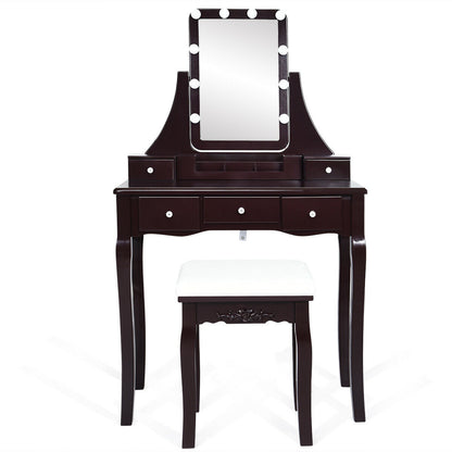 10 Dimmable Light Bulbs Vanity Dressing Table with 2 Dividers and Cushioned Stool-Coffee - Coffee