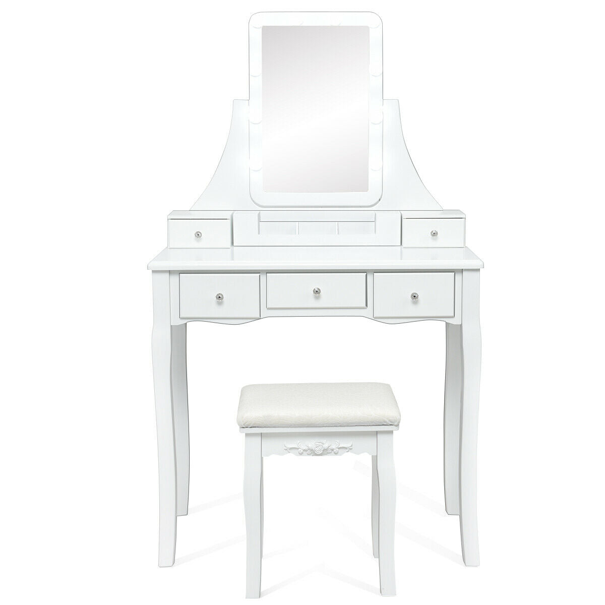 10 Dimmable Light Bulbs Vanity Dressing Table with 2 Dividers and Cushioned Stool-Coffee - White