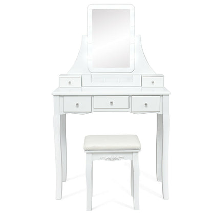 10 Dimmable Light Bulbs Vanity Dressing Table with 2 Dividers and Cushioned Stool-Coffee - White