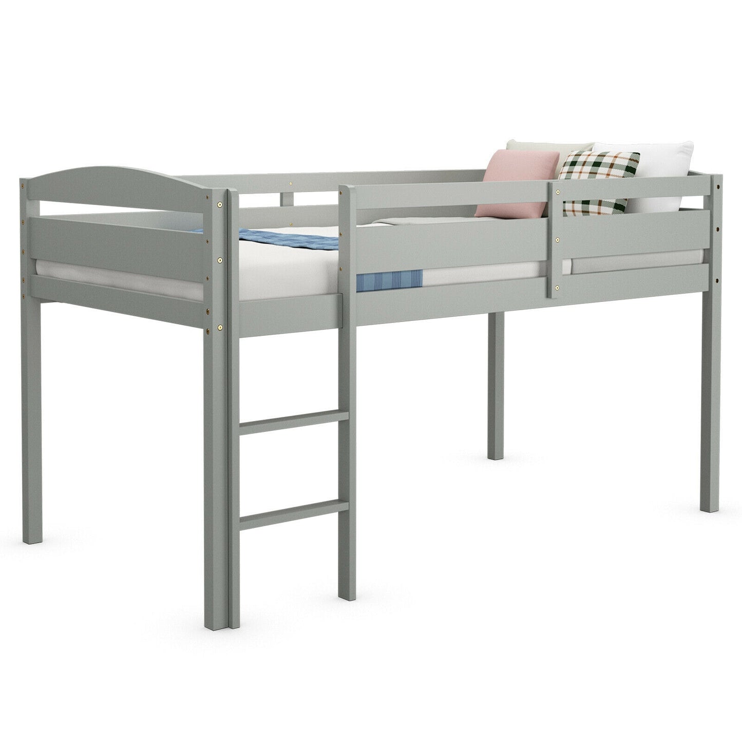 Wooden Twin Low Loft Bunk Bed with Guard Rail and Ladder-Dark Brown - Gray