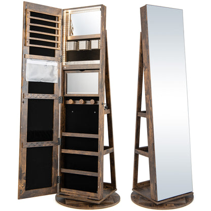 360° Rotating Mirrored Jewelry Cabinet Armoire 3 Color LED Modes Lockable-Pink - Brown