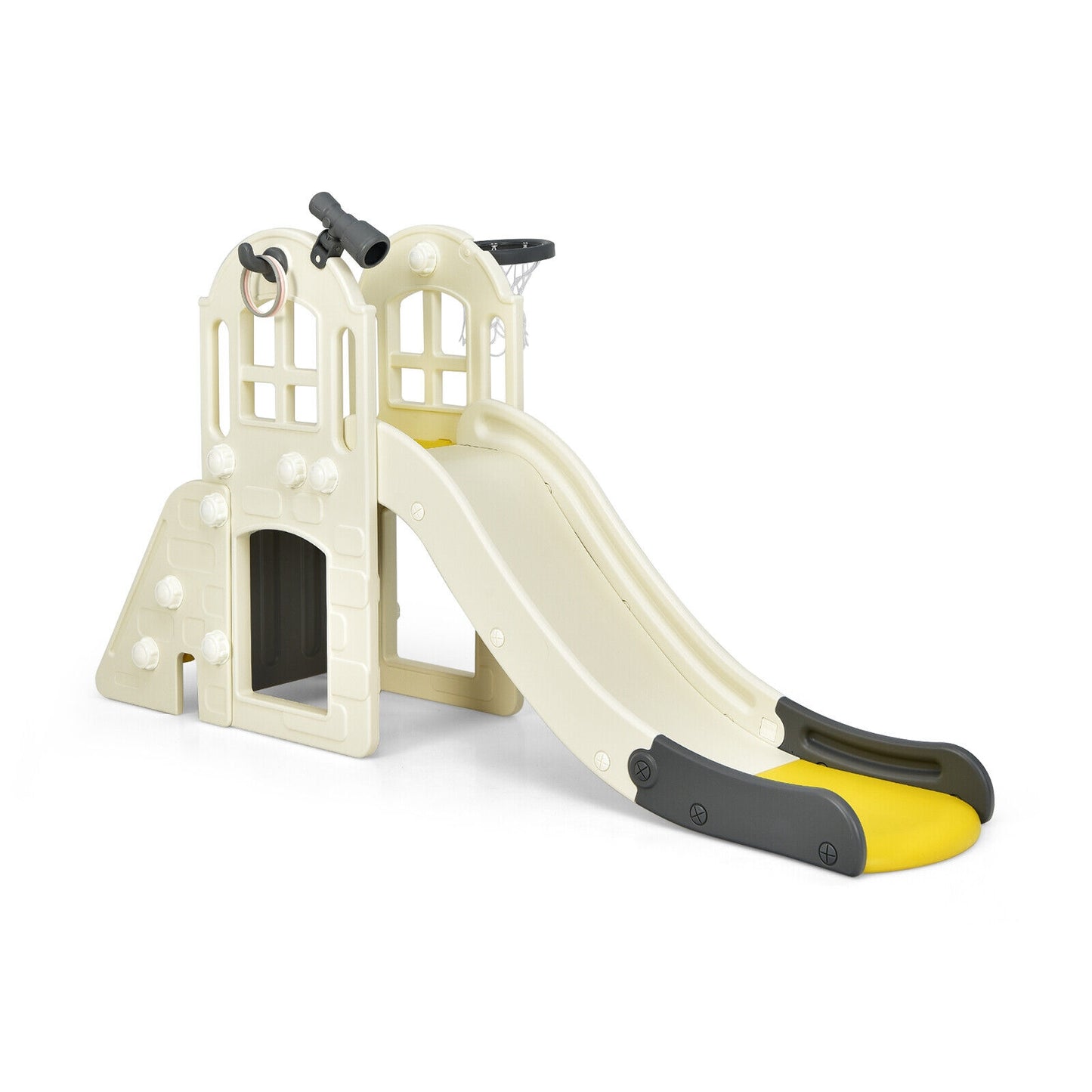 6-In-1 Large Slide for Kids Toddler Climber Slide Playset with Basketball Hoop-Blue - Yellow