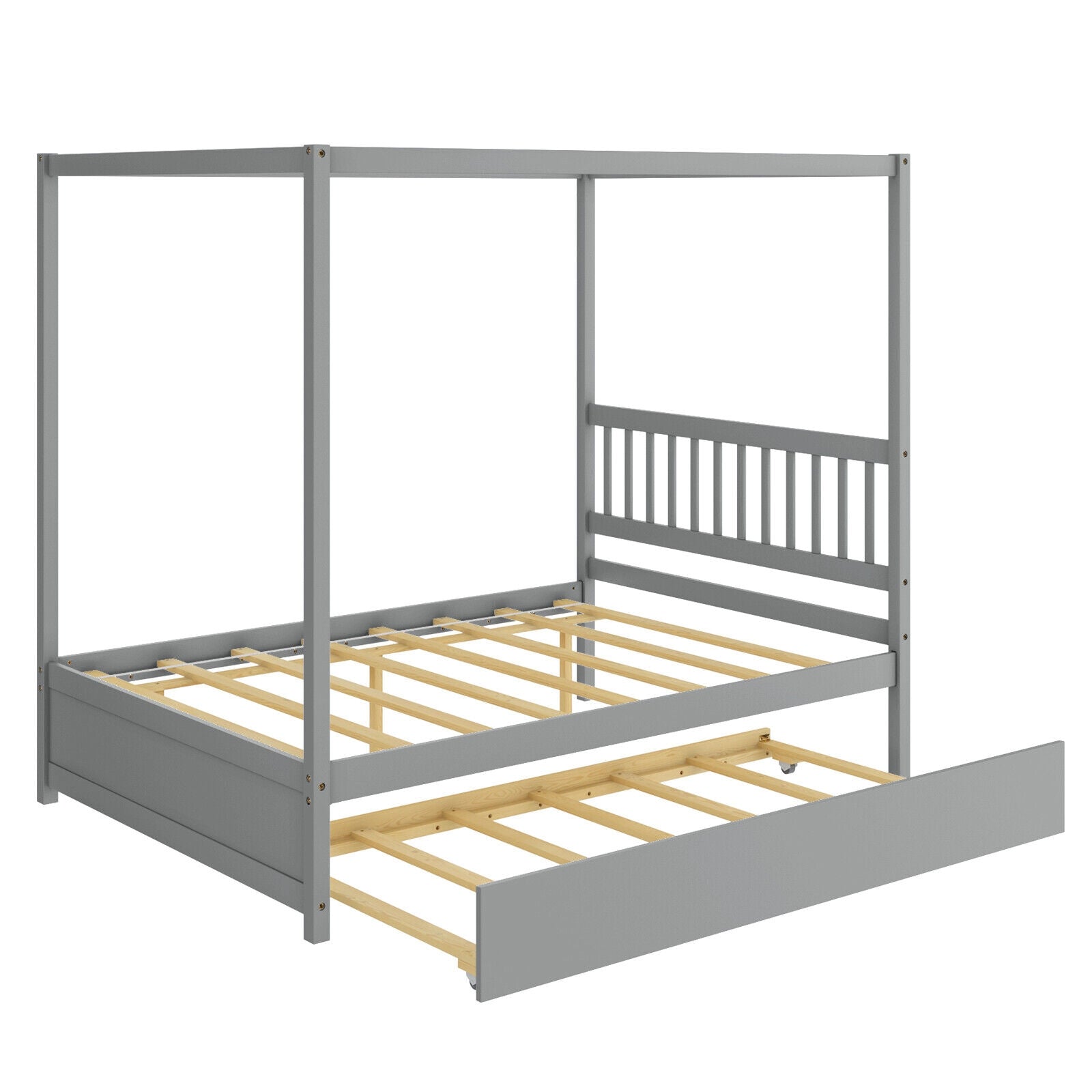 Full Size Canopy Bed with Trundle Wooden Platform Bed Frame Headboard-Gray - Gray