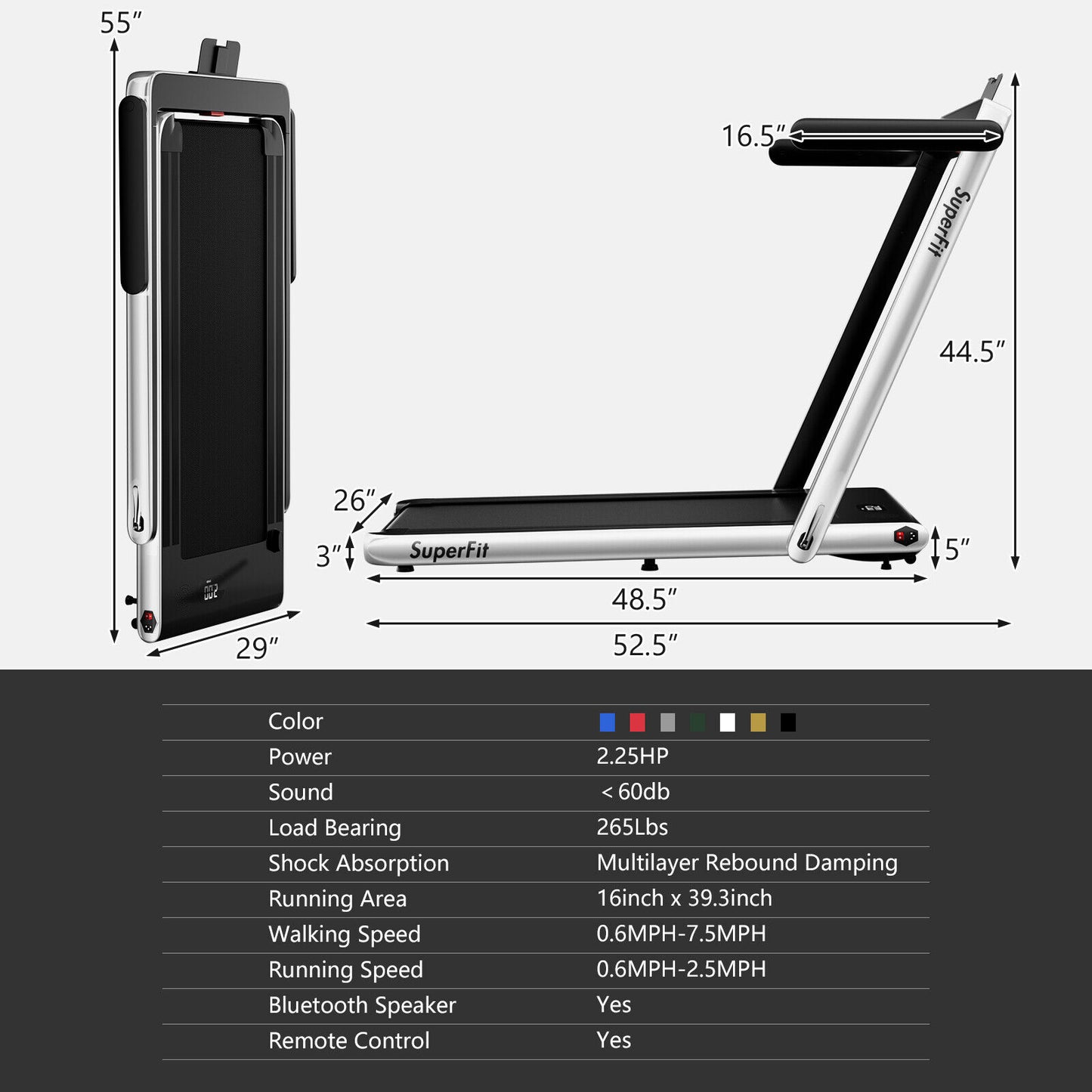 2.25HP 2 in 1 Folding Treadmill with APP Speaker Remote Control-Green - Silver
