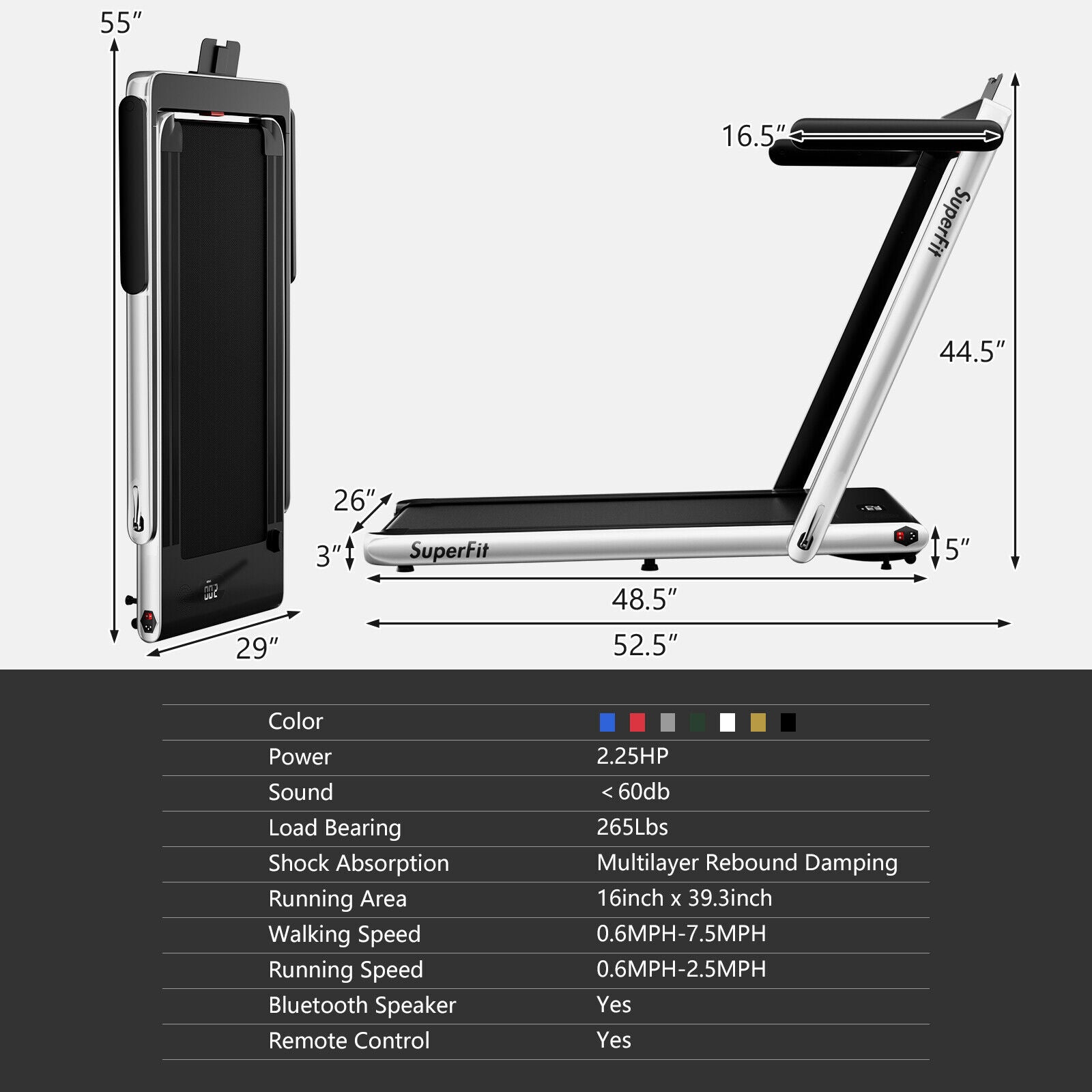 2.25HP 2 in 1 Folding Treadmill with APP Speaker Remote Control-Green - Silver